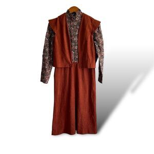 Vintage Cathy Sue Floral Long Sleeve Collared Dress w/ Rust Red Vest Size 9